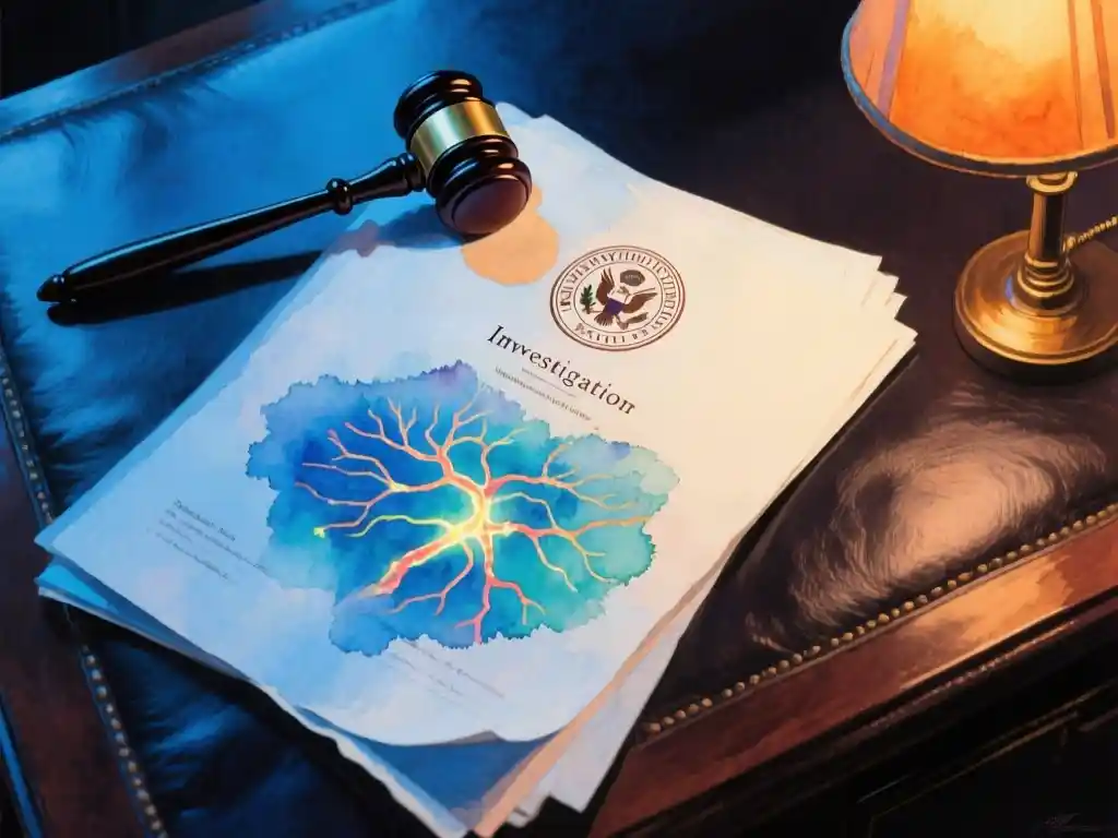 A government regulator's embossed seal stamped onto a thick investigation dossier, with a glowing neural network diagram faintly visible beneath the paper and a gavel resting across the top corner, close-up shot from a high angle, cool blue key light from the left mixed with a warm amber desk lamp glow from the right, deep shadows across a dark leather surface, shallow depth of field.