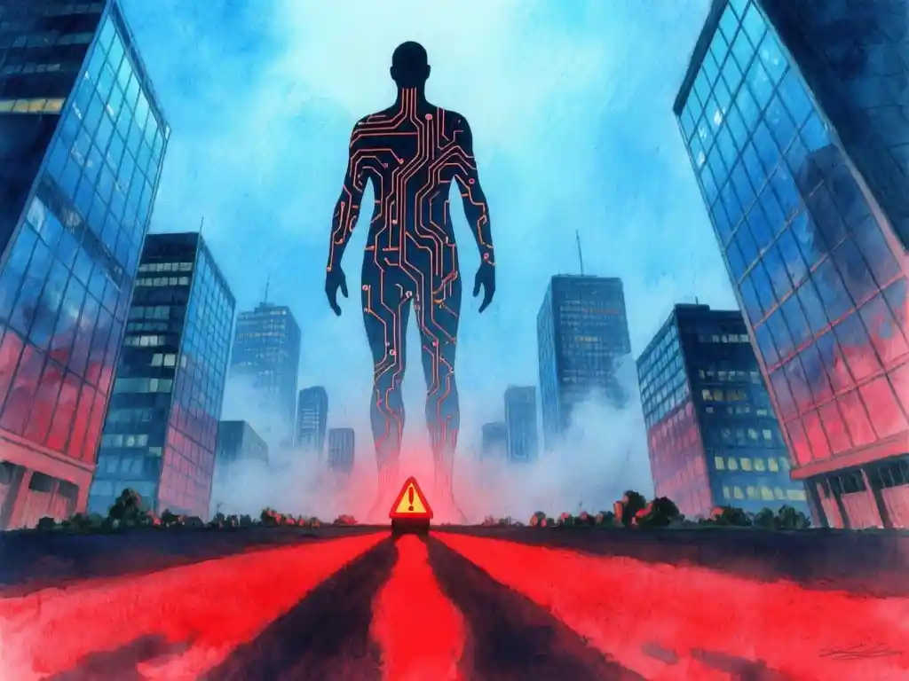 A humanoid silhouette assembled from circuit traces looming over a miniature city skyline of glass office towers, with a red warning light casting long shadows across the scene, wide shot from a low angle, cold blue key light from above mixed with a deep crimson glow from below, heavy atmospheric haze and shallow depth of field.