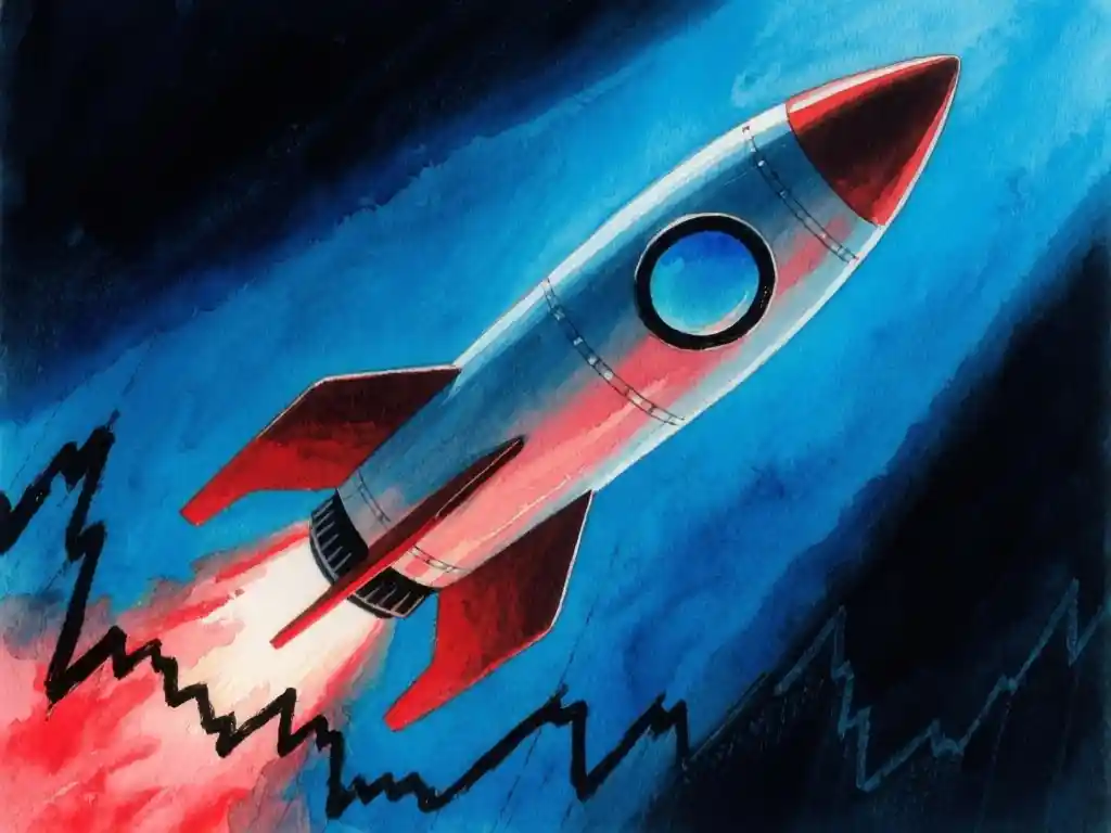 A sleek rocket-shaped stock ticker plunging downward through a chart line, close-up shot from a low angle against a dark backdrop, cold blue key light from above with a faint red glow at the base, deep shadows and shallow depth of field.