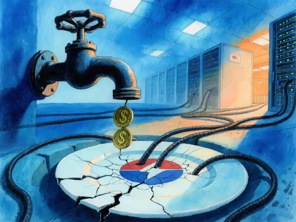 An oversized industrial money spigot mounted above a cracked, near-empty reservoir shaped like a corporate logo plate, with thick cables snaking out toward distant server halls on the horizon, wide shot from a low angle, cold blue key light from above mixed with a faint amber glow from the right, deep shadows and shallow depth of field.