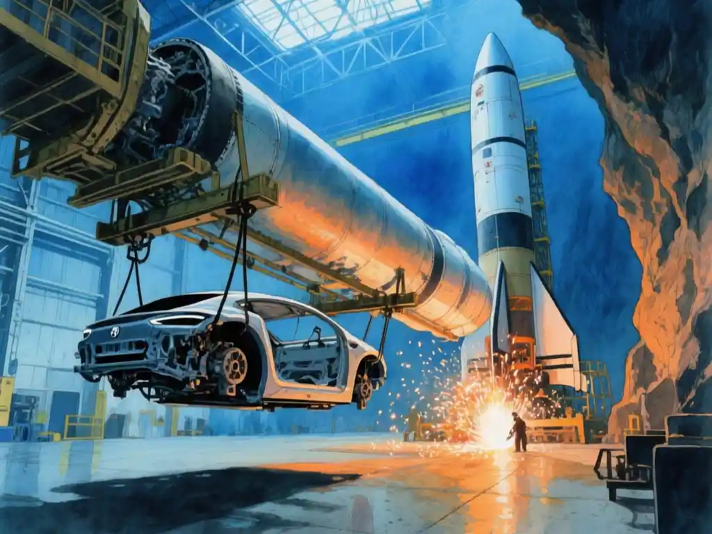 A sleek electric car chassis suspended mid-assembly beside a towering rocket fuselage in a cavernous industrial hangar, wide shot from a low angle, cool blue overhead light mixed with warm amber sparks from welding in the distance, deep shadows across the polished concrete floor, shallow depth of field.