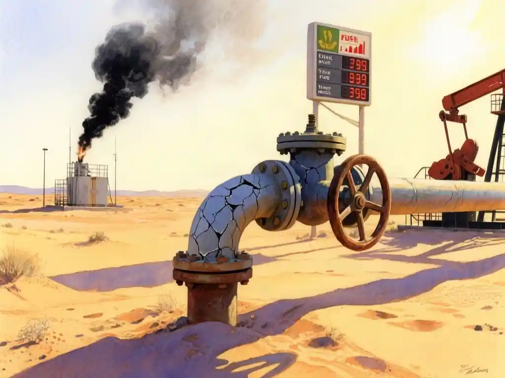 A cracked oil pipeline valve wheel mounted on a desert pumping station, with a distant plume of black smoke rising against a pale sky and a fuel price display board showing sharply rising diesel numbers in the foreground, wide shot from a low angle, harsh golden hour light from the right casting long shadows across the sand, deep contrast and shallow depth of field.