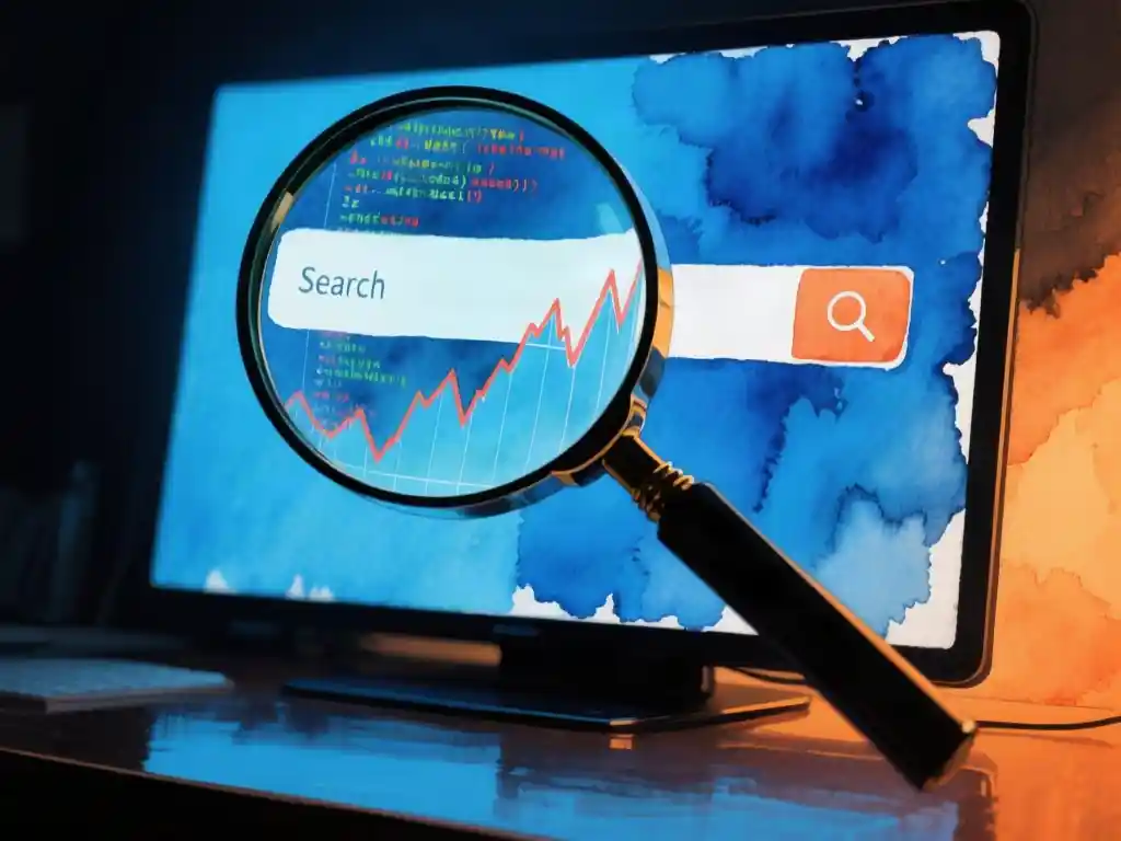 A giant magnifying glass hovering over a search bar on a dimly lit screen, with the reflected text dissolving into fragments of code and a declining line chart visible in the glass, close-up shot from a low angle, cool blue key light from the screen mixed with a warm amber glow from the right, deep shadows across a glossy desk surface, shallow depth of field.