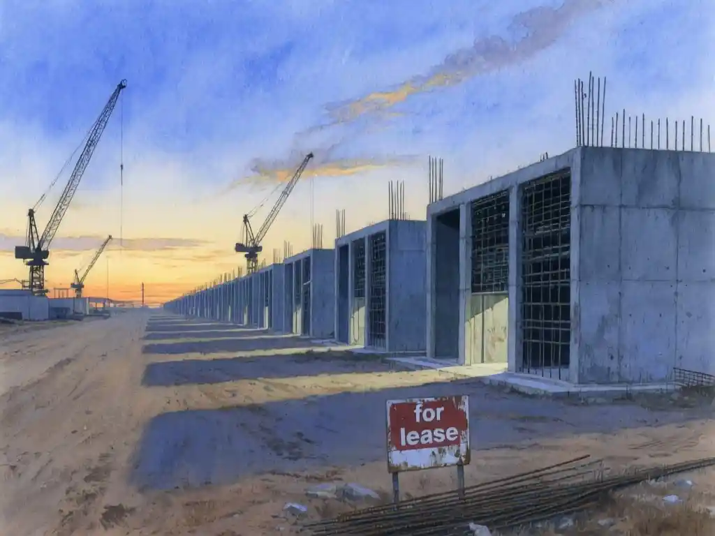 A row of unfinished concrete data center shells stretching to the horizon on cleared industrial land, with idle cranes and rebar skeletons silhouetted against a bruised evening sky and a weathered 'for lease' sign in the foreground, wide shot from a low angle, cold blue twilight from above mixed with a faint amber glow on the western horizon, long shadows stretching across the dirt, shallow depth of field.