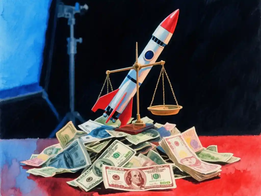 A scale model rocket tipped sideways atop a pile of scattered banknotes, close-up shot from a low angle on a dark studio surface, cold blue rim lighting from the left contrasting with a faint red glow beneath, deep shadows in the background, shallow depth of field.