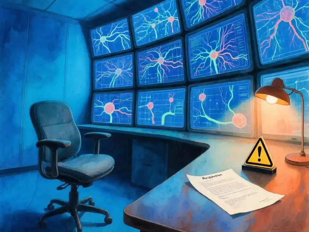 A stern researcher's empty office chair spinning slowly beside a wall of monitors displaying cascading neural network diagrams, with a resignation letter left on the desk under a paperweight shaped like a warning triangle, medium shot from a low angle, cold blue key light from the monitors mixed with a faint amber desk lamp glow from the right, deep shadows and shallow depth of field.