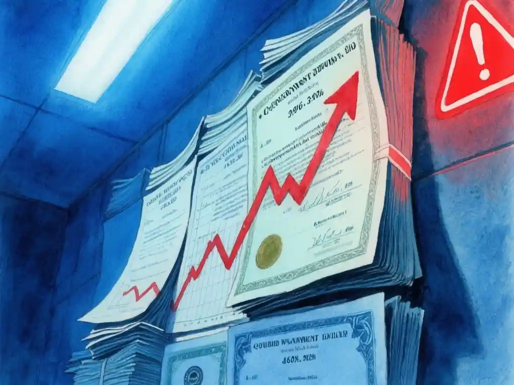 A wall of stacked government bond certificates with rising yield figures printed across them, close-up shot from a slight low angle, cold blue overhead light with a faint red warning glow from the right, deep shadows pooling between the documents, shallow depth of field.