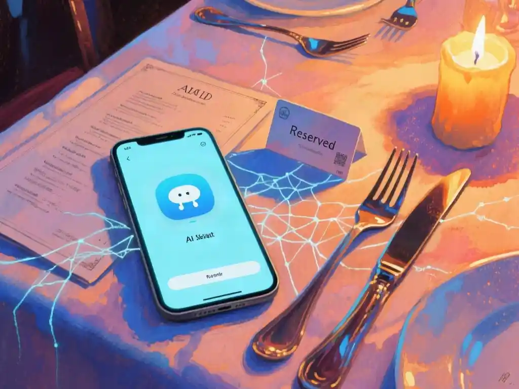A smartphone screen glowing with a minimalist AI assistant interface, resting on a restaurant table beside a set menu and a reserved card, with a faint web of data lines radiating outward across the tablecloth, close-up shot from a low angle, warm amber candlelight from the right mixed with a cool blue phone glow, soft reflections on polished cutlery, shallow depth of field.