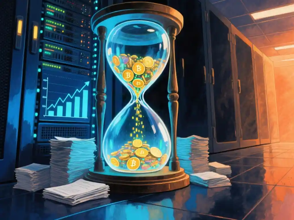 A giant glass hourglass filled with glowing digital tokens draining into a server rack base, with a rising revenue chart etched into the glass and stacks of compute contracts piled around the stand, close-up shot from a low angle, cool blue key light from the server LEDs mixed with a warm amber glow from the right, deep shadows across a polished dark floor, shallow depth of field.