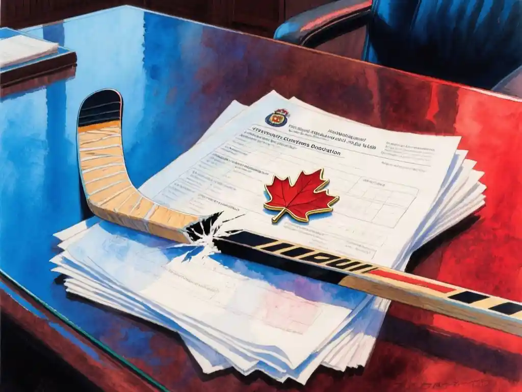 A hockey stick snapped in two lying across a stack of cross-border customs declaration forms, with a maple leaf lapel pin resting on top, close-up shot from a low angle on a polished government desk, cold blue key light from the left mixed with a faint red glow from the right, deep shadows and shallow depth of field.