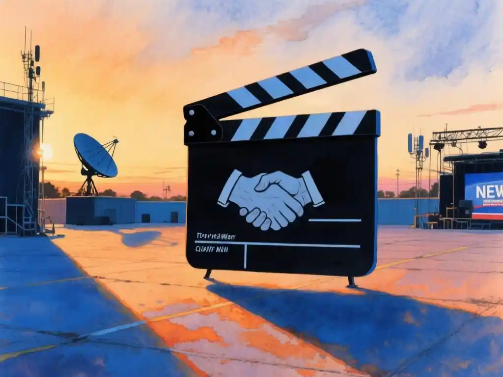 A giant clapperboard emblazoned with a merger handshake standing on an empty studio backlot at dusk, with faint silhouettes of a broadcast satellite dish and a cable news set visible in the background, wide shot from a low angle, warm amber key light from the left mixed with a cool blue rim light, long shadows stretching across the pavement, shallow depth of field.