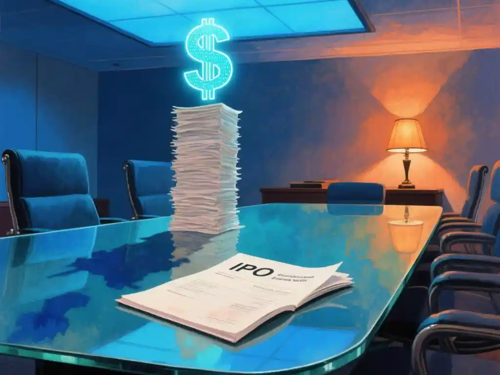 A thick paper IPO prospectus lying open on a glass boardroom table with a towering stack of invoices casting a long shadow across its pages, a glowing holographic dollar figure hovering above, wide shot from a low angle, cool blue key light from an overhead screen mixed with a warm amber glow from a desk lamp on the right, deep shadows across the polished glass, shallow depth of field.