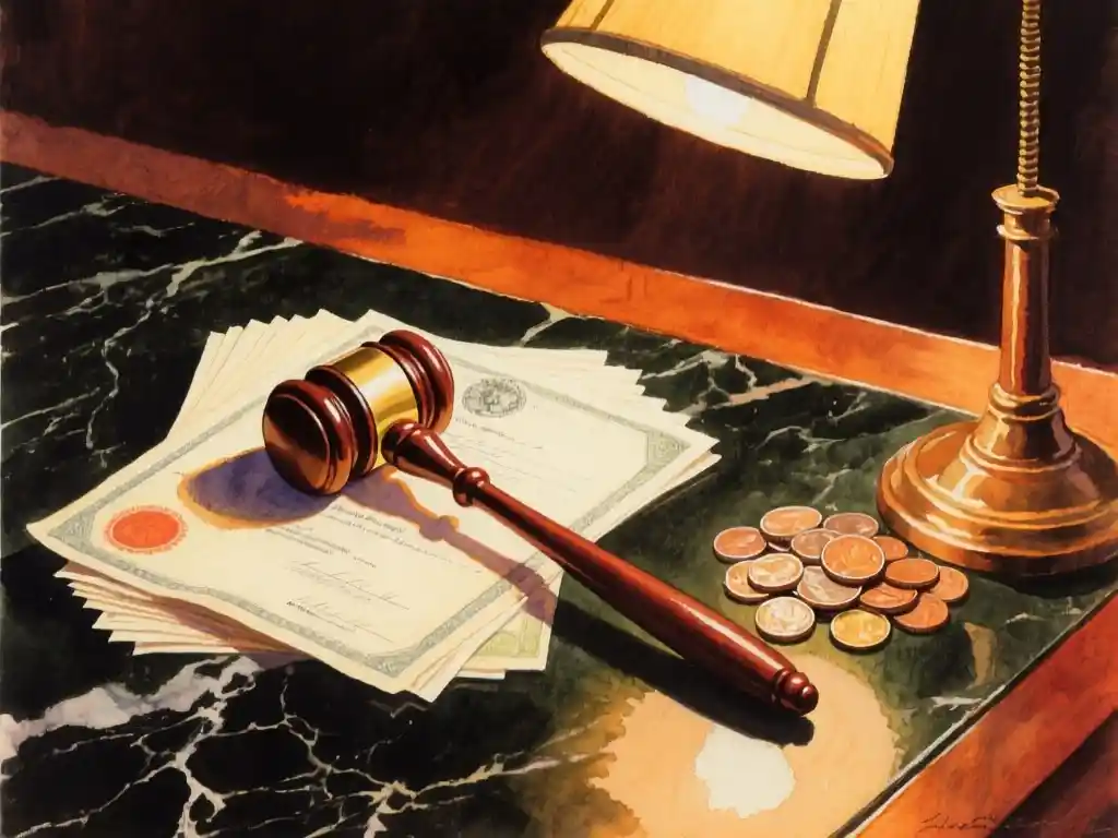 A gavel resting on a stack of stock certificates beside a small pile of polished coins, close-up shot from a low angle on a dark marble desk, warm directional light from a banker's lamp casting long shadows, deep amber tones, shallow depth of field.