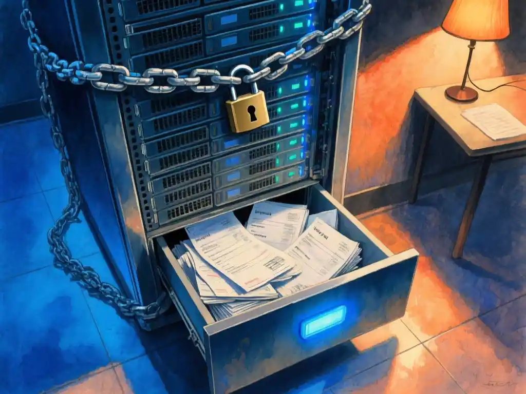 A towering server rack wrapped in heavy chains and a padlock, with stacks of unpaid invoices spilling from an open drawer at its base and a glowing blue status light reflecting off the metal, close-up shot from a low angle, cool blue key light from the server LEDs mixed with a warm amber glow from a desk lamp on the right, deep shadows across the polished floor, shallow depth of field.